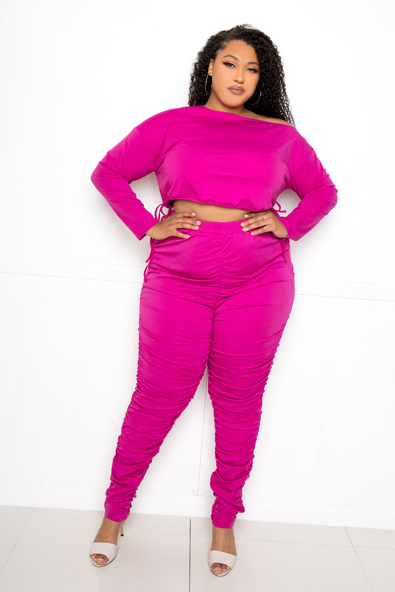 buxom couture curvy women plus size ruched lounge set magenta pink
