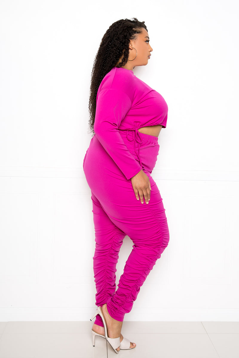 buxom couture curvy women plus size ruched lounge set magenta pink