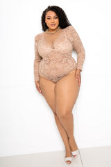 buxom couture curvy women long sleeve lace bodysuit taupe nude
