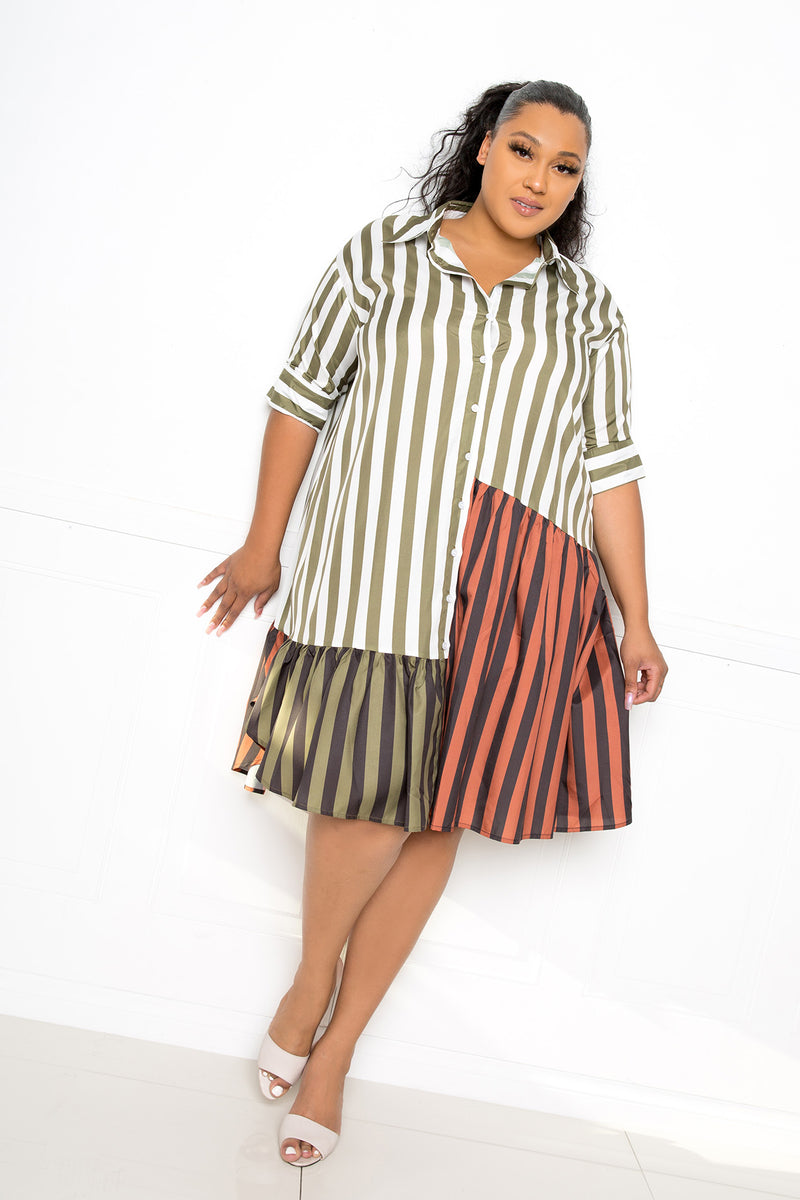 buxom couture curvy women plus size stripe shirt dress olive