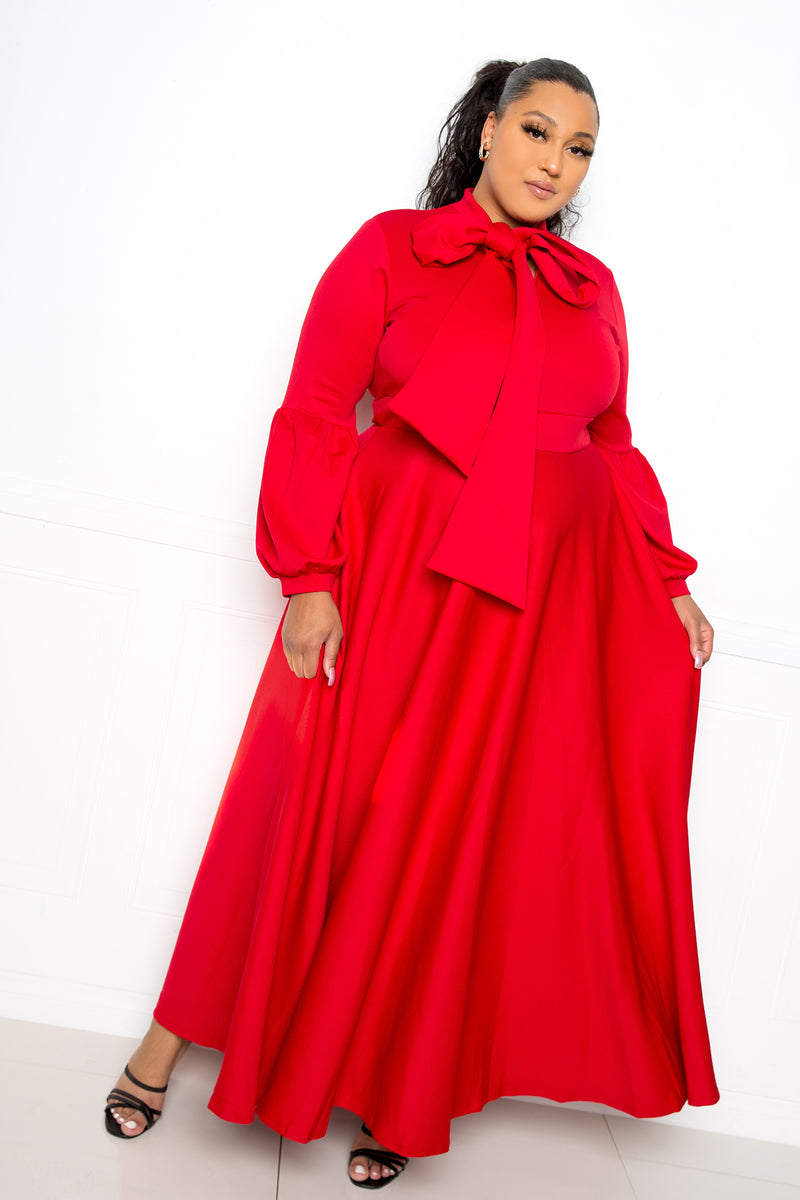 buxom couture curvy women plus size tie neck maxi dress red