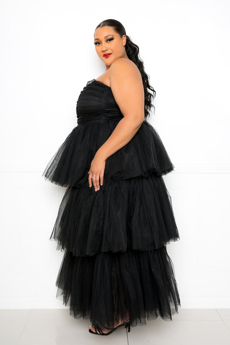 buxom couture curvy women plus size tiered tulle tube dress black