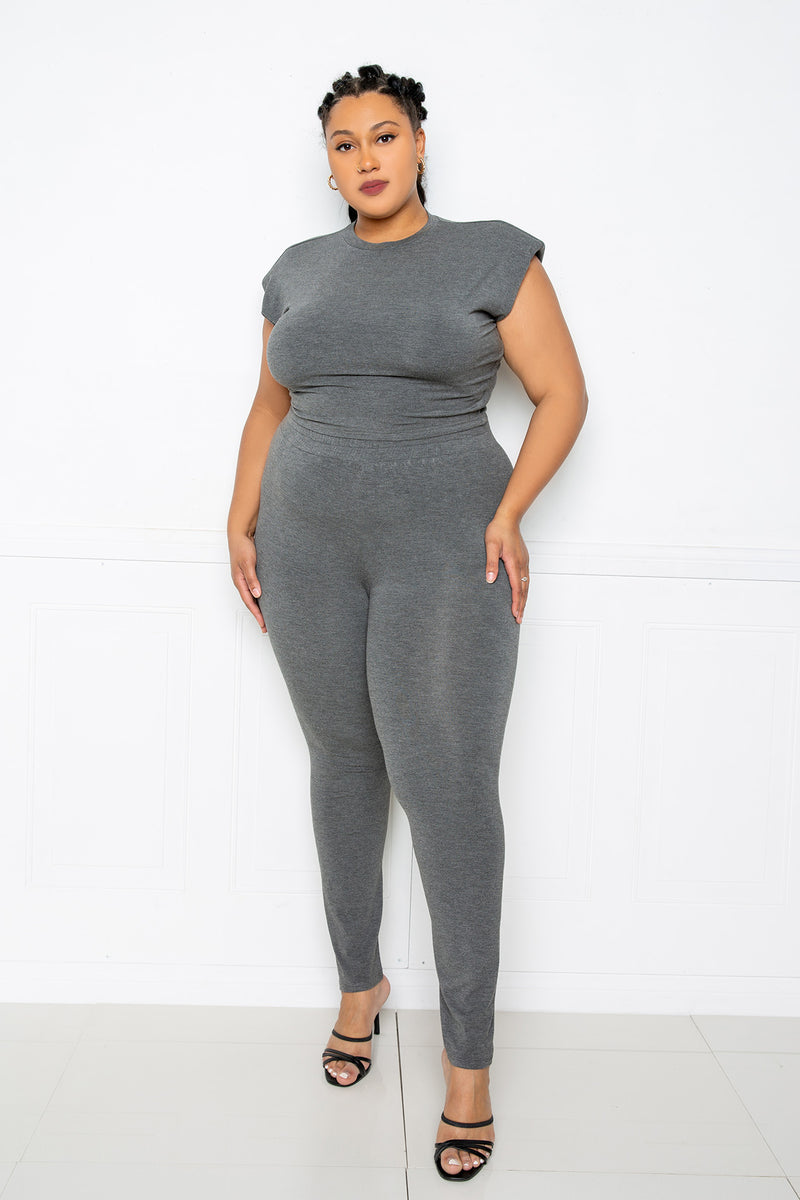 buxom couture curvy women plus size supersoft everyday lounge set charcoal grey cropped top leggings