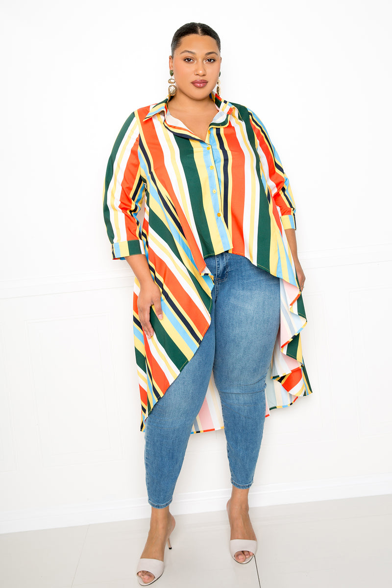 buxom couture curvy women plus size strip flowy hi lo shirt