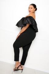 Buxom Couture curvy women plus size Drape Off Shoulder Jumpsuit black