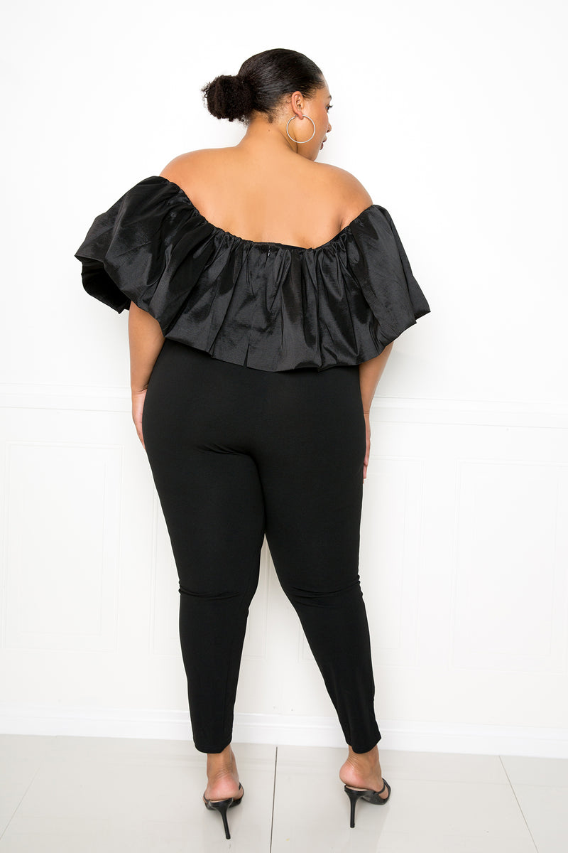 Buxom Couture curvy women plus size Drape Off Shoulder Jumpsuit black