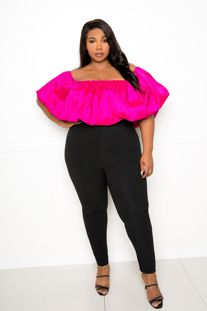 buxom couture curvy women plus size drape off shoulder jumpsuit black pink