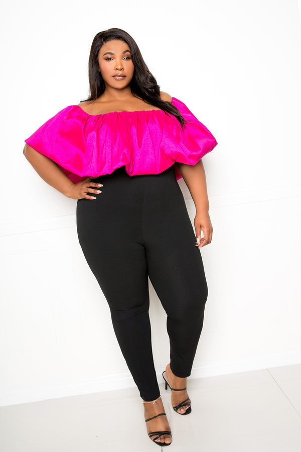 buxom couture curvy women plus size drape off shoulder jumpsuit black pink