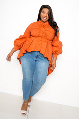 buxom couture curvy women plus size hi-lo peplum blouse orange rust