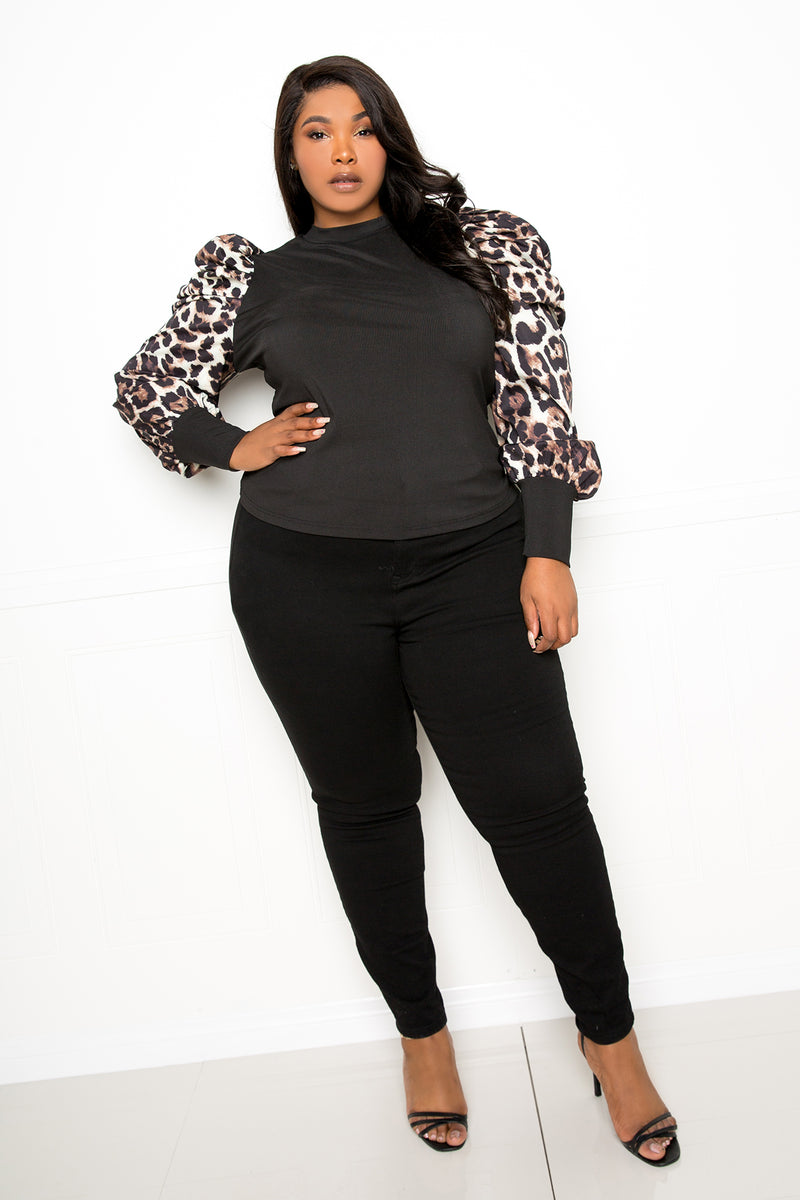 buxom couture curvy women plus size ribbed top with ruched sleeves animal print leopard black