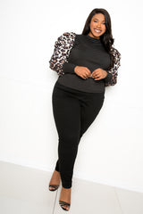 buxom couture curvy women plus size ribbed top with ruched sleeves animal print leopard black