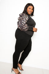 buxom couture curvy women plus size ribbed top with ruched sleeves animal print leopard black