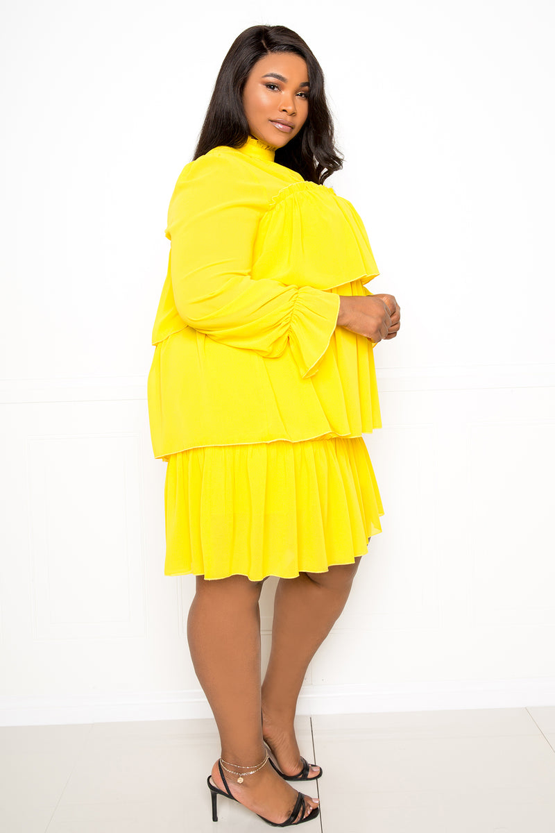 buxom couture curvy women plus size tiered mini dress yellow