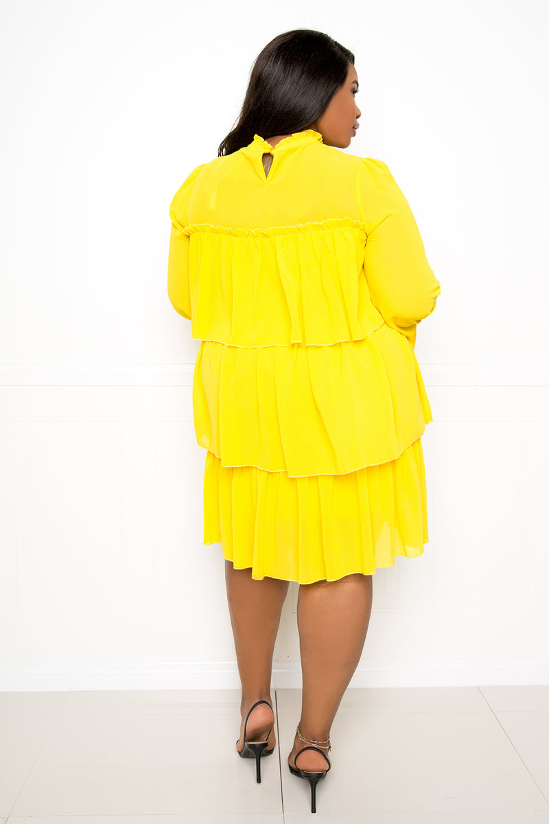 buxom couture curvy women plus size tiered mini dress yellow