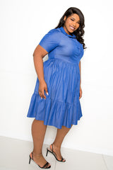buxom couture curvy women plus size denim tiered shirt mini dress blue