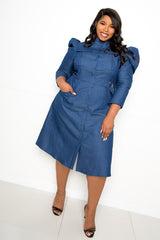 buxom couture curvy women plus size puffed sleeve denim shirt dress blue