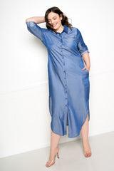 buxom couture curvy women plus size denim shirt dress with slits