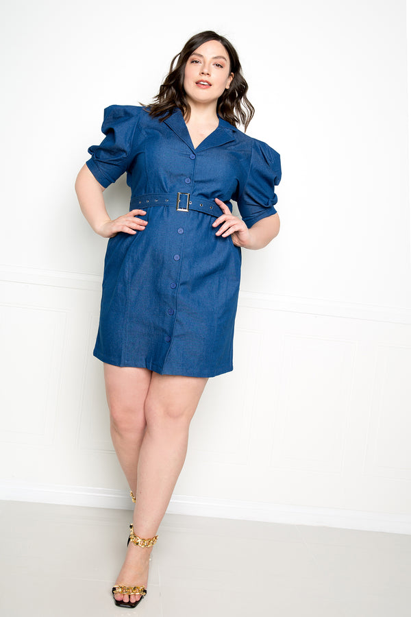 buxom couture curvy women plus size mini denim dress with shoulder accent