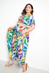 buxom couture curvy women plus size tropical leaf cropped top and maxi skirt set
