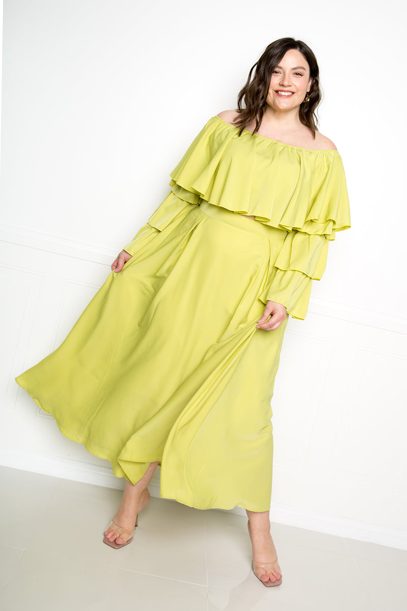 buxom couture curvy plus size women ruffle crop top maxi skirt set sage green