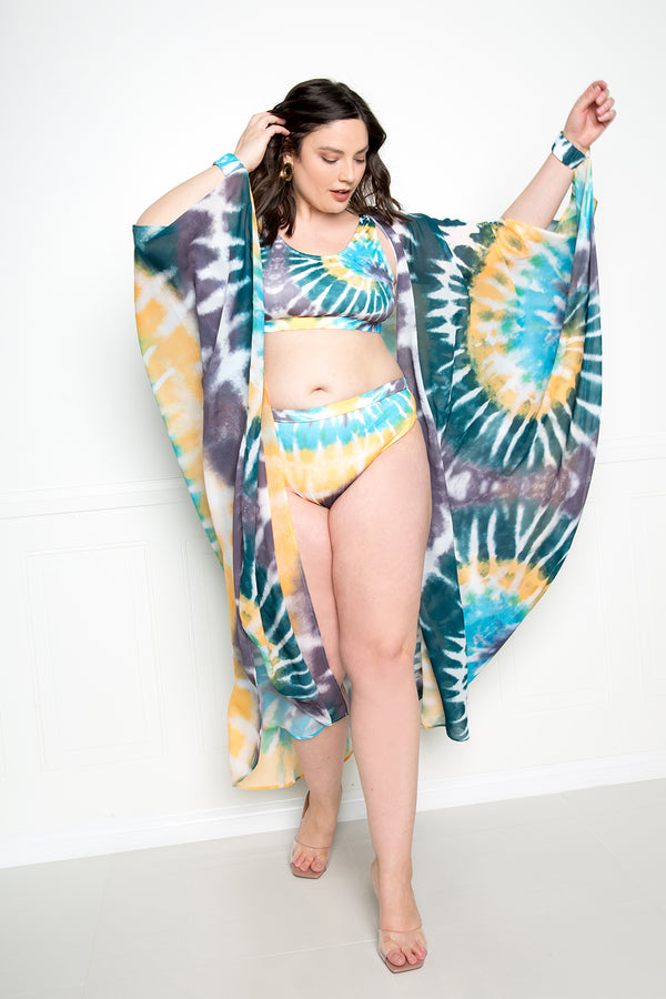 buxom couture curvy women plus size tie dye cover ups with wrist band blue rainbow multi