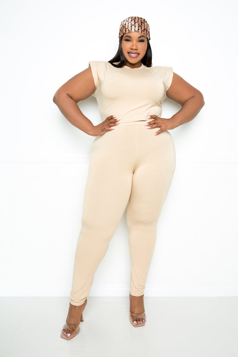 buxom couture curvy women plus size supersoft everyday lounge set cropped top high rise leggings nude tan beige taupe
