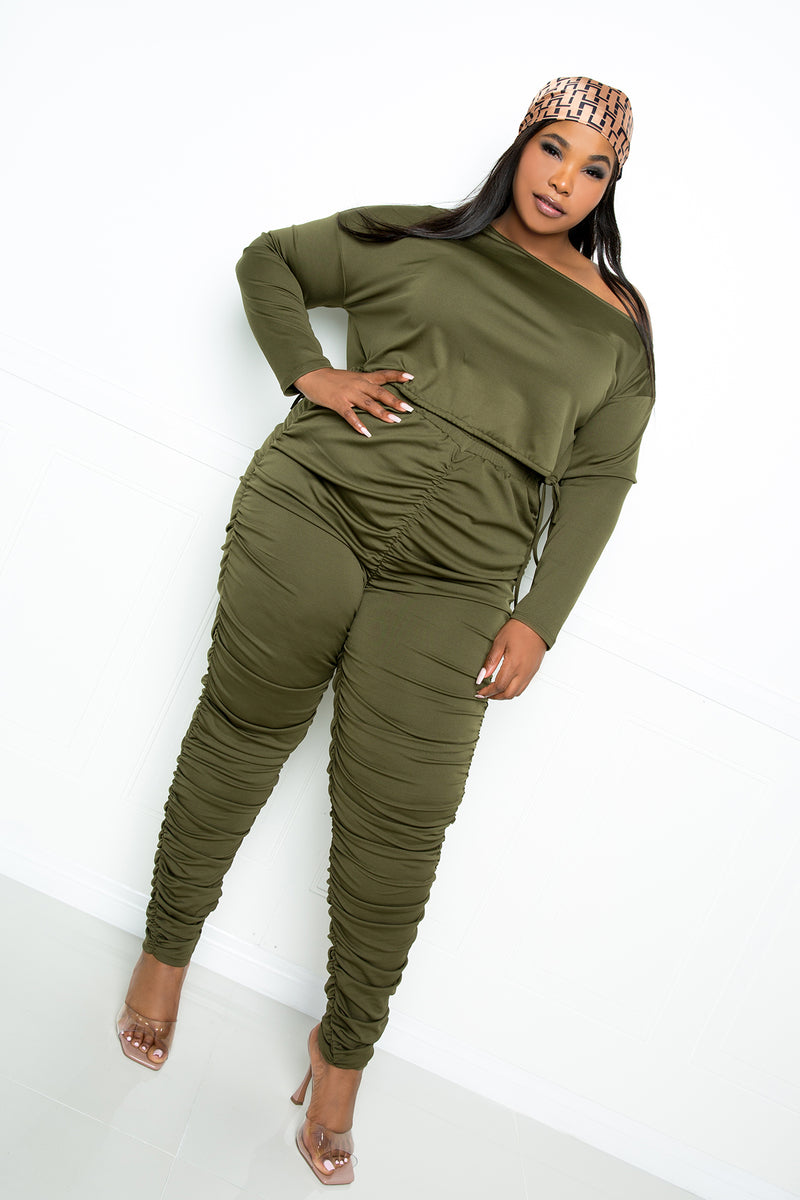 buxom couture curvy women plus size ruched lounge set olive green