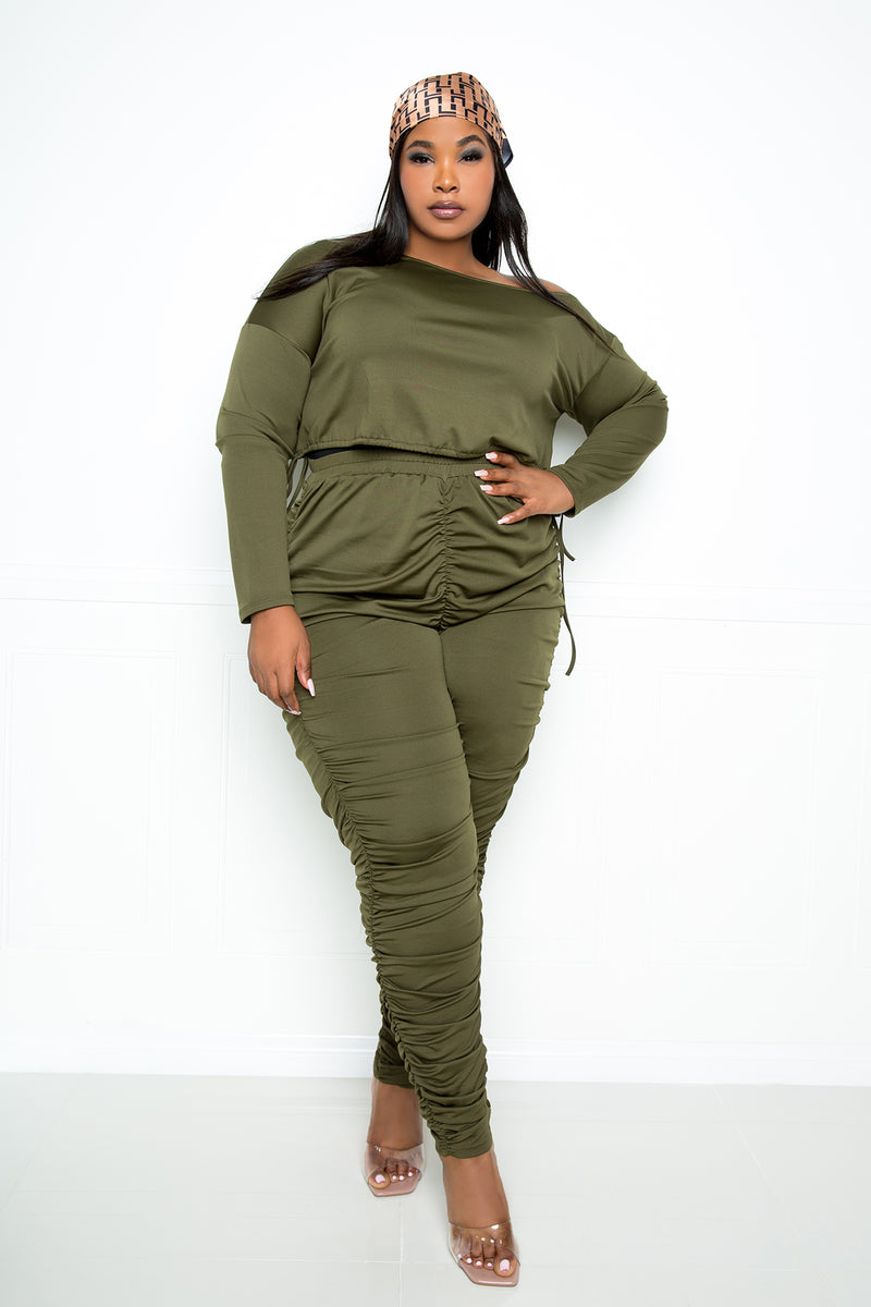 buxom couture curvy women plus size ruched lounge set olive green
