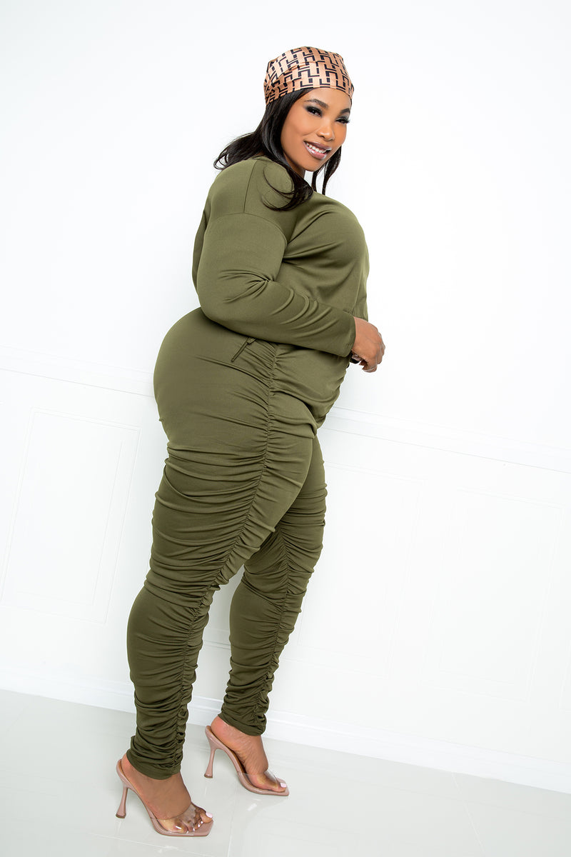 buxom couture curvy women plus size ruched lounge set olive green