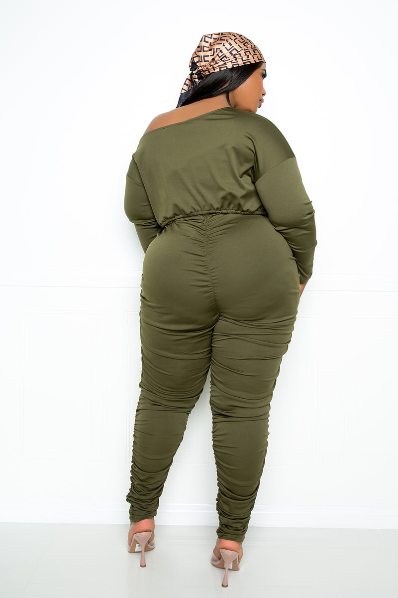 buxom couture curvy women plus size ruched lounge set olive green