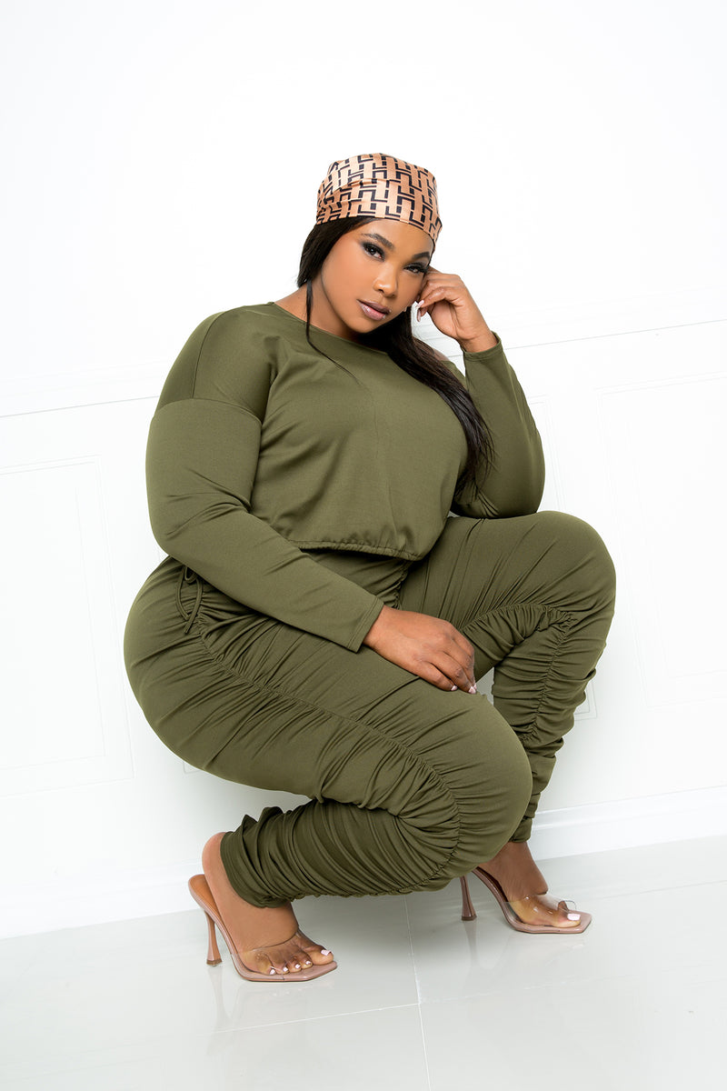 buxom couture curvy women plus size ruched lounge set olive green