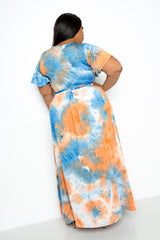 buxom couture curvy women plus size tie dey cropped top and maxi skirt set blue orange