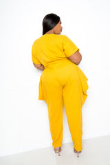 buxom couture curvy women plus size obi tie harem jumpsuit mustard yellow