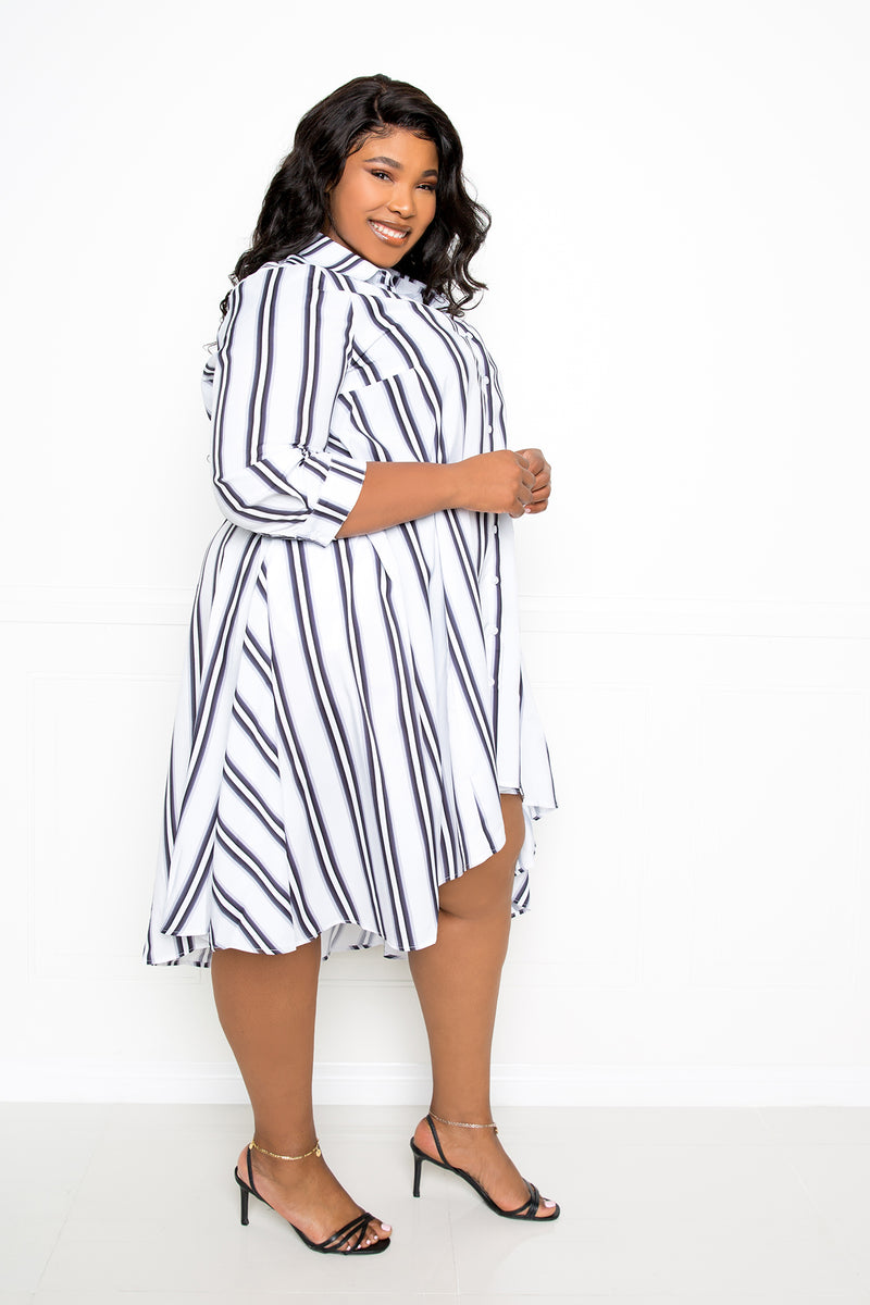 buxom couture curvy women plus size asymmetric stripe shirt dress black