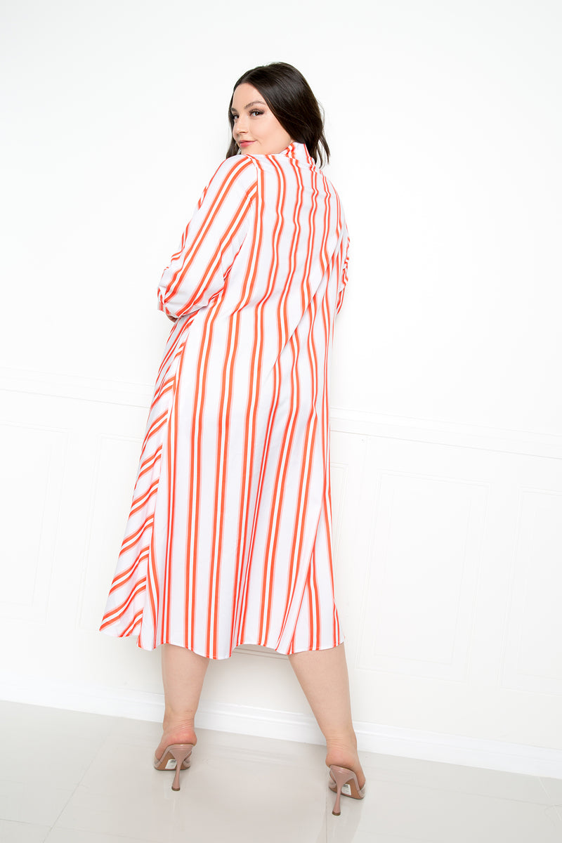 buxom couture curvy women plus size asymmetric stripe shirt dress orange summer