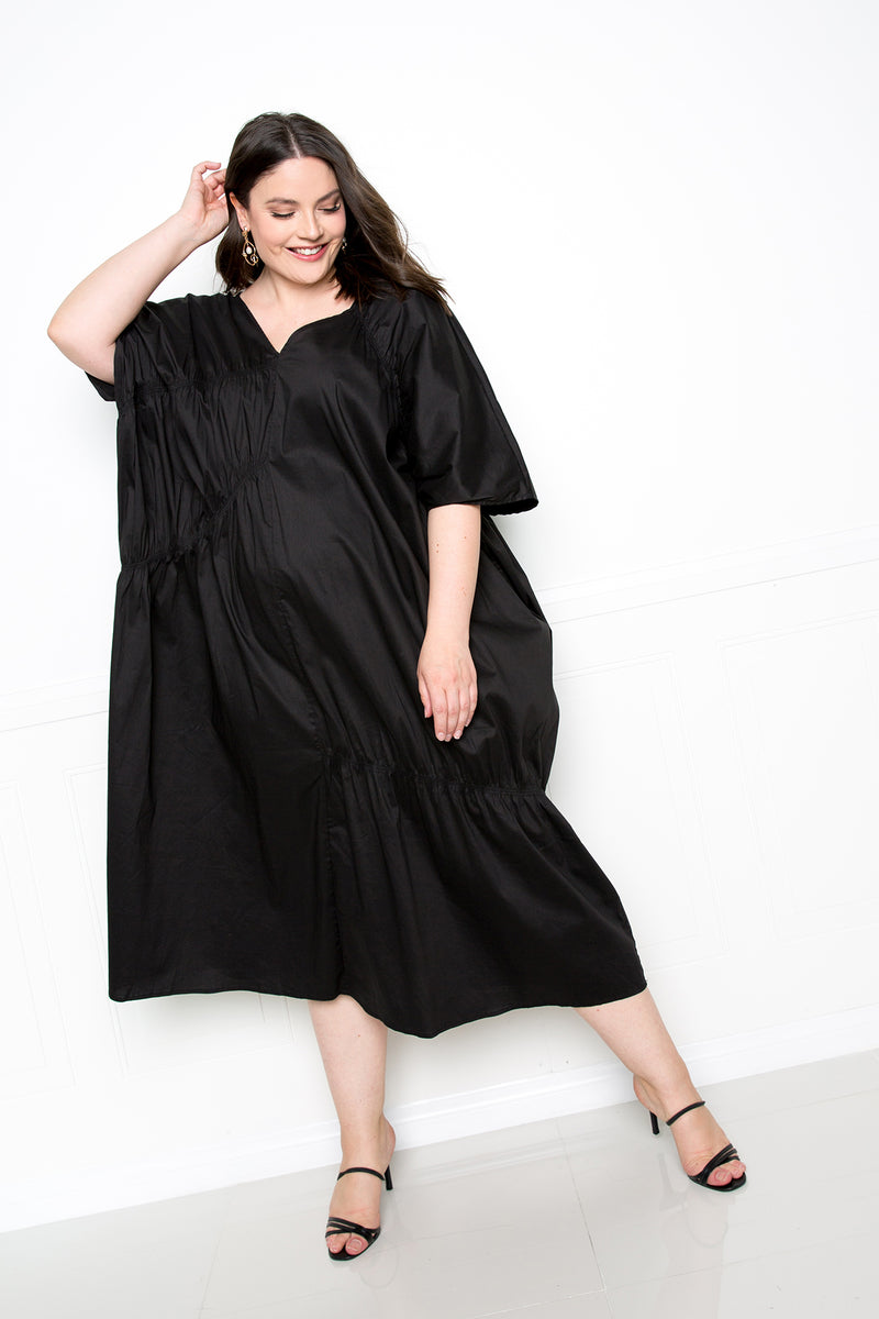 buxom couture curvy women plus size voluminous poplin maxi dress black