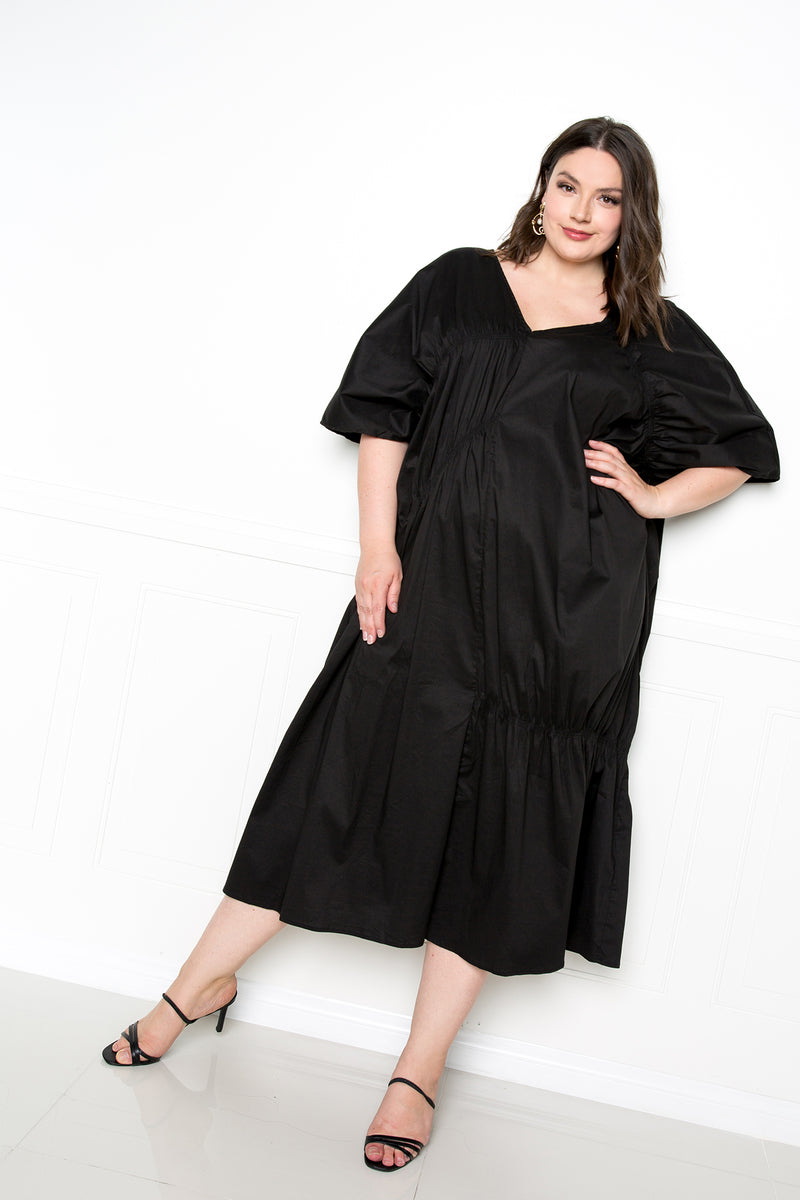 buxom couture curvy women plus size voluminous poplin maxi dress black
