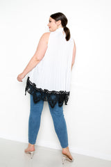 buxom couture curvy women plus size pleated top with lace hem white