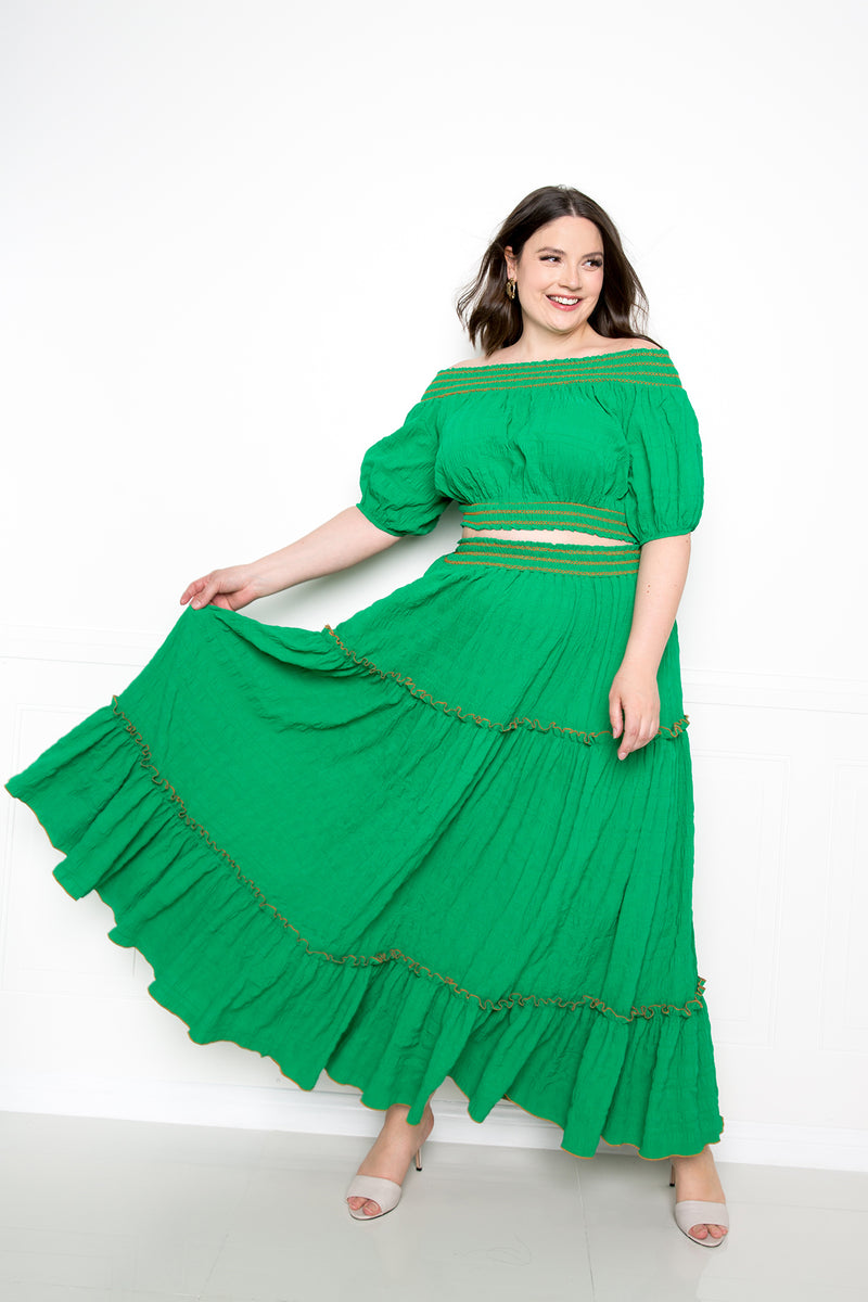 buxom couture curvy women plus size smocking top and skirt set green