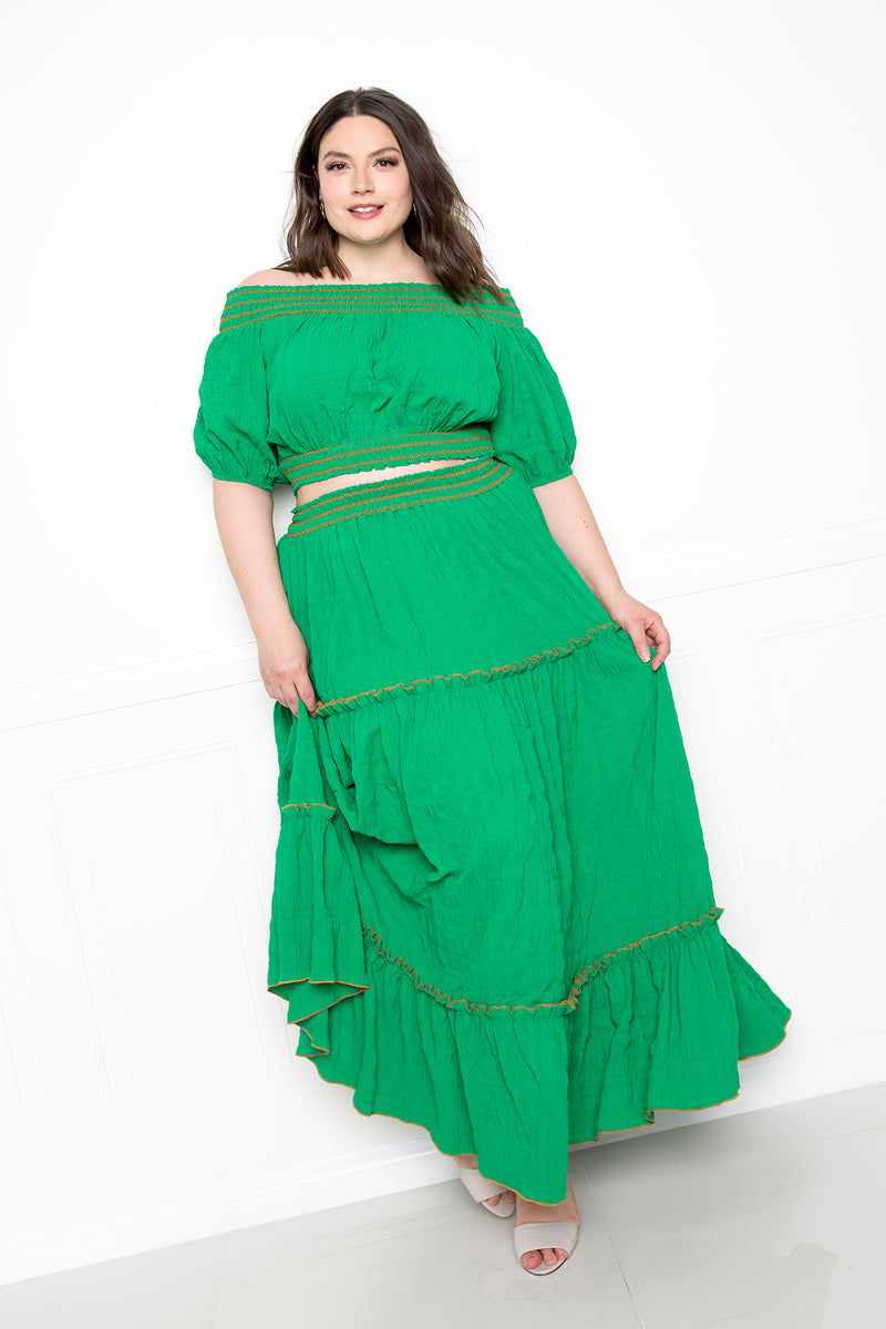 buxom couture curvy women plus size smocking top and skirt set green