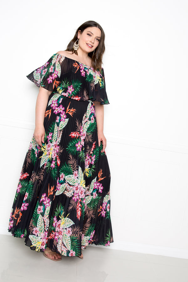 buxom couture curvy women plus size off shoulder tropical floral pleated maxi dress black floral