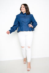 buxom couture curvy women plus size denim peplum blouse dark denim blue