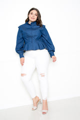 buxom couture curvy women plus size denim peplum blouse dark denim blue