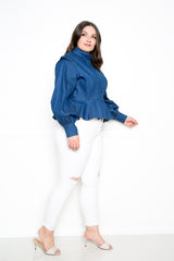 buxom couture curvy women plus size denim peplum blouse dark denim blue