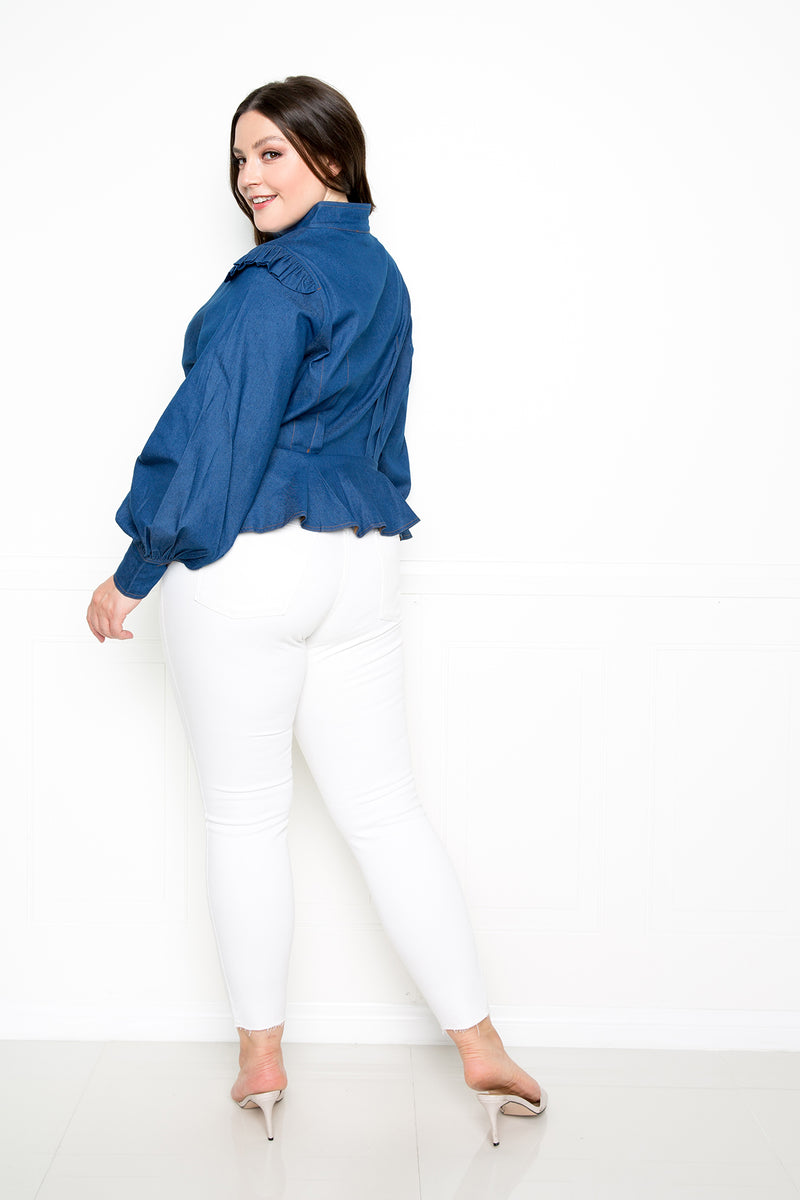 buxom couture curvy women plus size denim peplum blouse dark denim blue