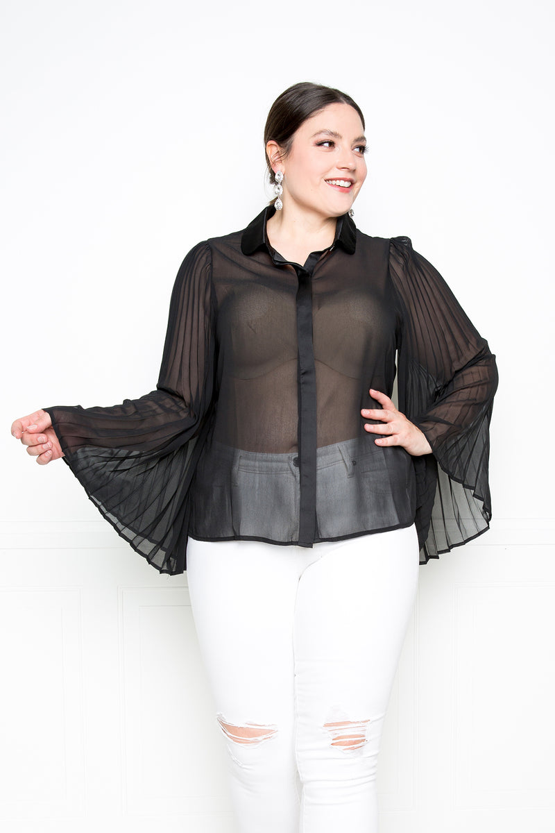 buxom couture curvy women plus size pleated bell sleeve blouse black
