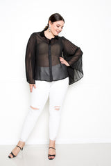 buxom couture curvy women plus size pleated bell sleeve blouse black