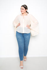 buxom couture curvy women plus size pleated bell sleeve blouse taupe cream