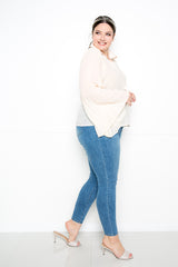 buxom couture curvy women plus size pleated bell sleeve blouse taupe cream