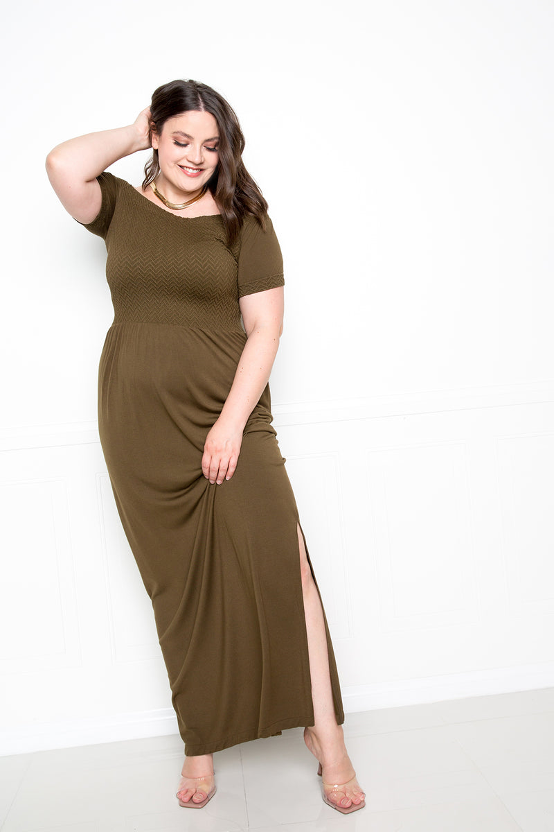 buxom couture curvy women plus size seamless off shoulder maxi dress olive green